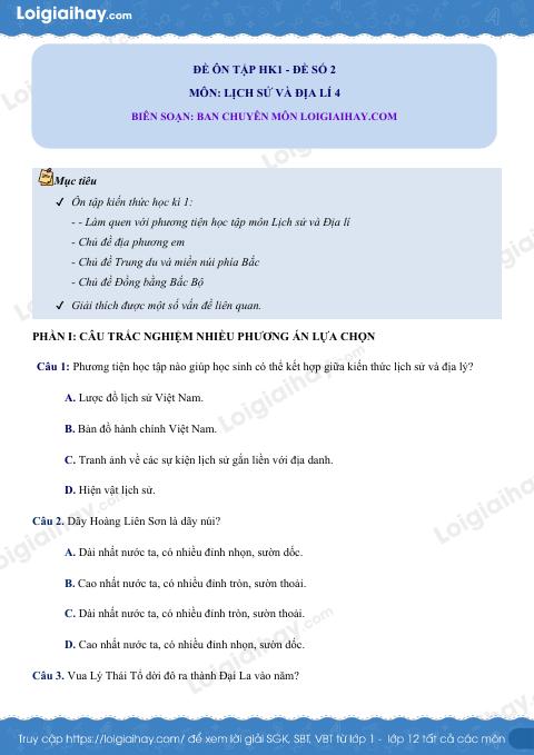 Đề kiểm tra học kì 1 Lịch sử và Địa lí 4 - Đề số 2